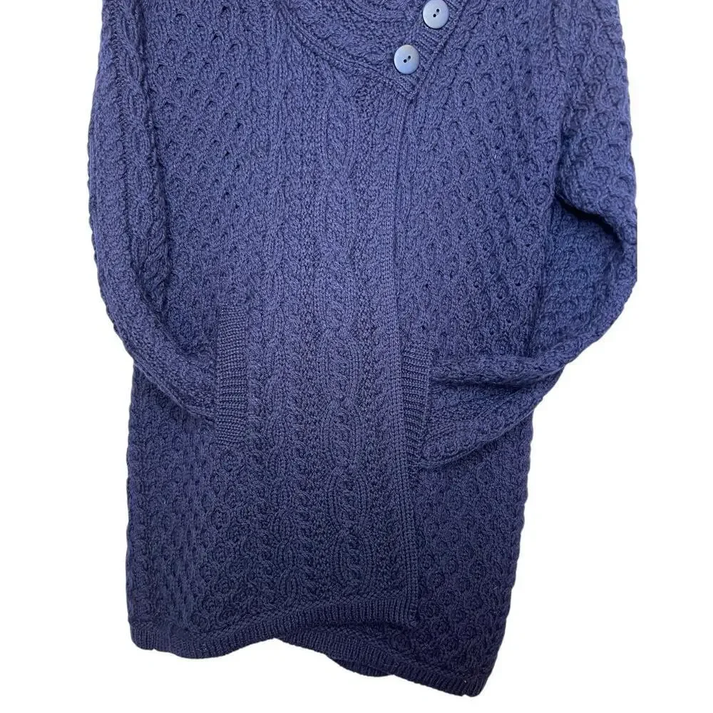 Aran Crafts 100% Merino Wool Cable Knit Coatigan in Navy Blue Women’s Large